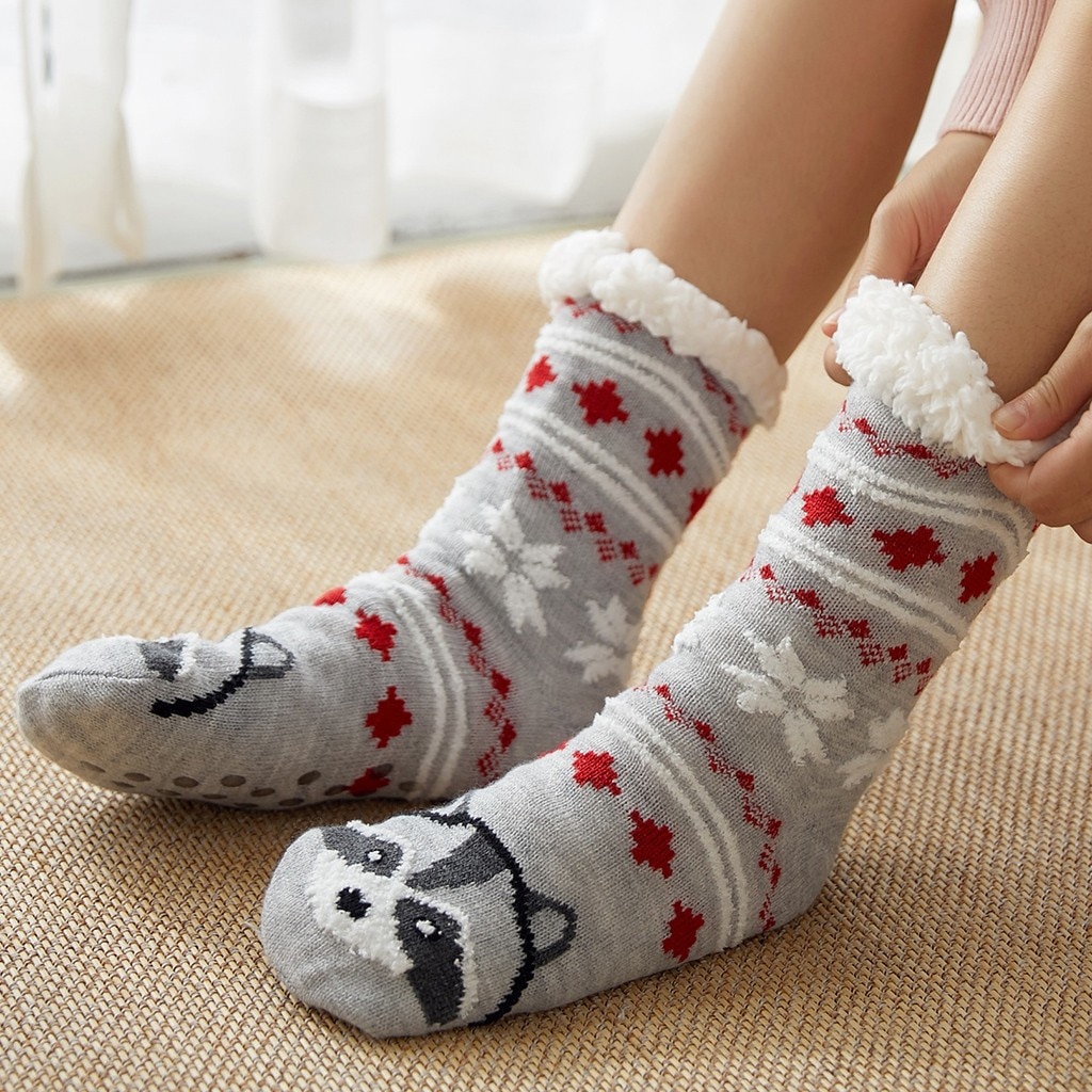 Women Winter Christmas Socks Cotton Print Thicken Anti Slip Warm Fleece Socks