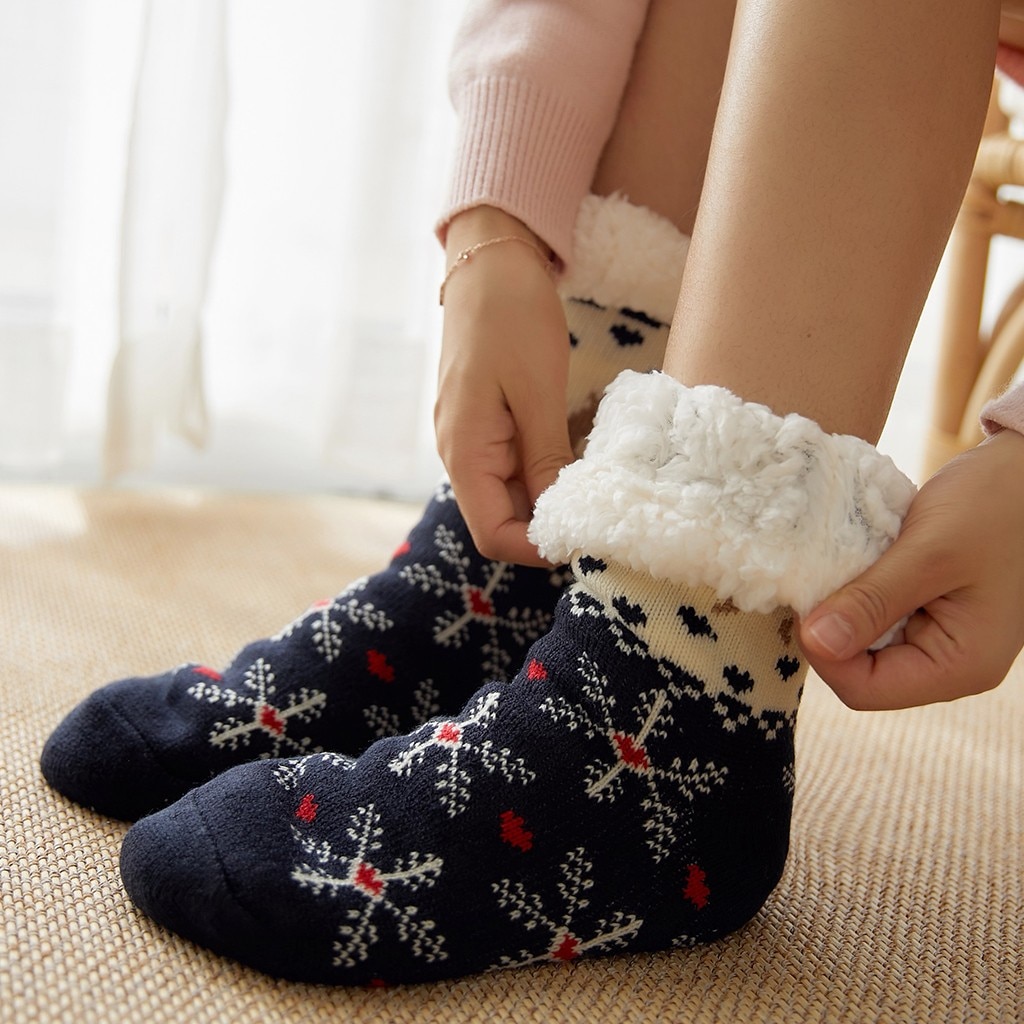 Women Winter Christmas Socks Cotton Print Thicken Anti-slip Warm Fleece ...
