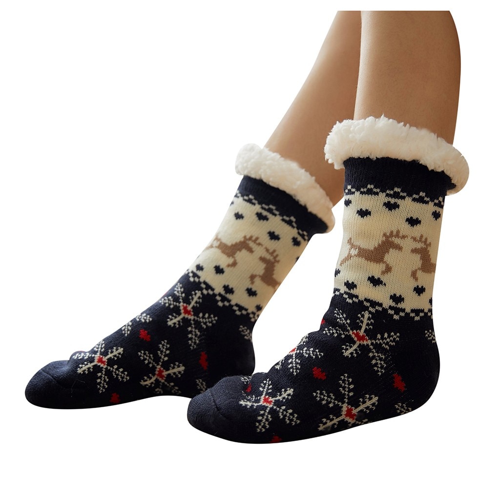 Women Winter Christmas Socks Cotton Print Thicken Anti-slip Warm Fleece ...