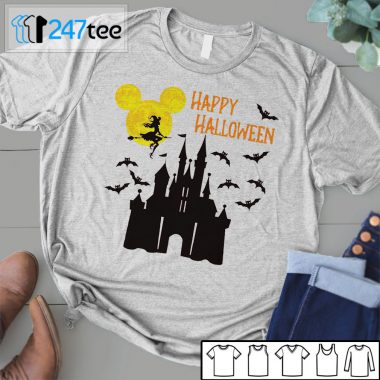 Mickey mouse moon witch bat flying above castle Halloween Shirts