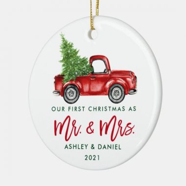 Custom Name Vintage Red Truck Mr and Mrs First Christmas Ornament 1