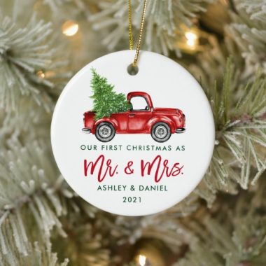 Custom Name Vintage Red Truck Mr and Mrs First Christmas Ornament