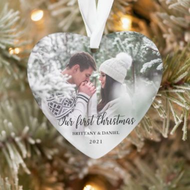 Custom Photo Our First Christmas Couple Heart Ornament