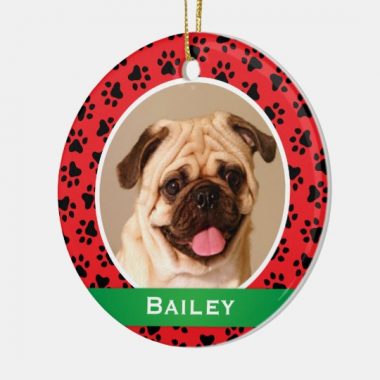 Personalized Dog Name Photo Red Pet Paw Prints Ornament 1