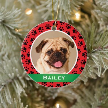 Personalized Dog Name Photo Red Pet Paw Prints Ornament