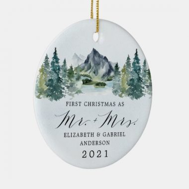 Personalized First Christmas Mr and Mrs Mountains Trees Wedding Ornament 1