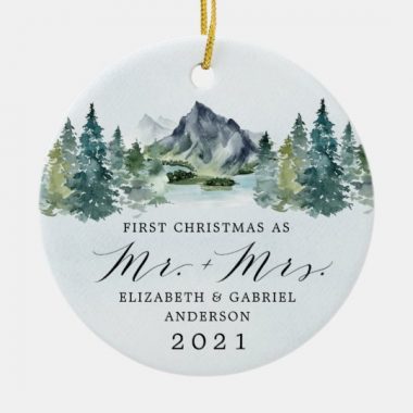 Personalized First Christmas Mr and Mrs Mountains Trees Wedding Ornament