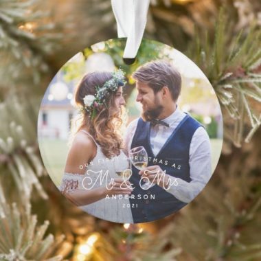 Personalized Our First Christmas Mr and Mrs Wedding Photo Ornament