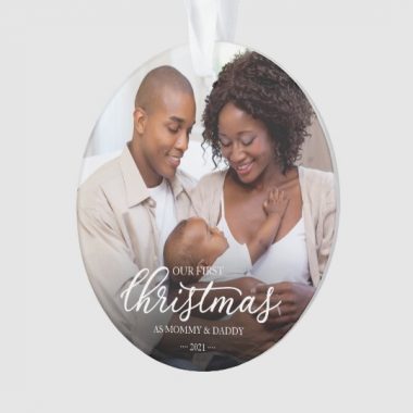 Personalized Our First Christmas as Mom and Dad Family Photo Ornament 1