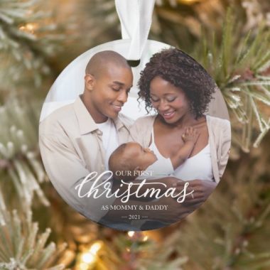 Personalized Our First Christmas as Mom and Dad Family Photo Ornament