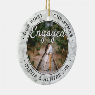 Personalized Photo Our First Christmas Engaged 2021 Ornament 1