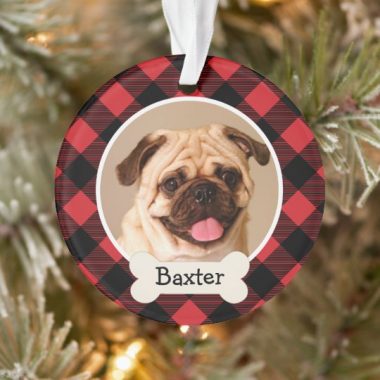 Personalized Red Buffalo Plaid Custom Pet Puppy Dog Photo Ornament