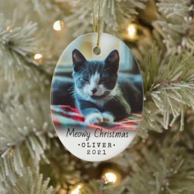 Photo Any Text Meowy Christmas Cat Simple White Ceramic Ornament