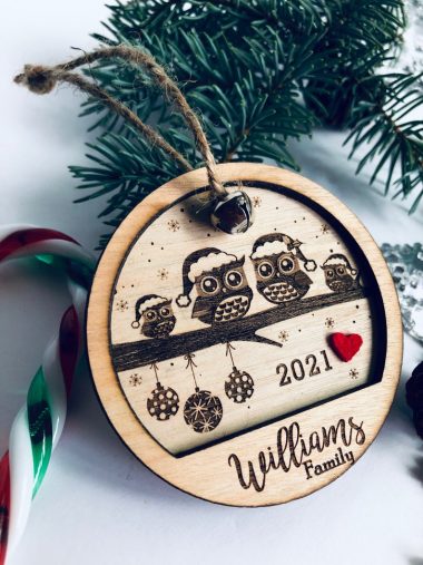 Personalized owl family decoration Christmas engraved Wood ornament 2
