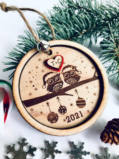 Personalized owl love wedding Christmas engraved Wood ornament