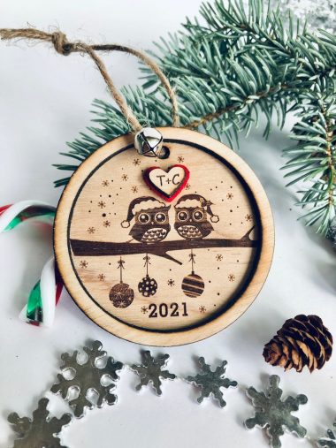 Personalized owl love wedding Christmas engraved Wood ornament 3