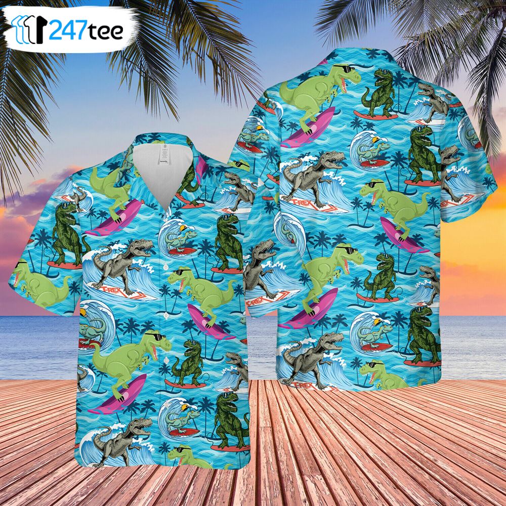 3d Dinosaur Surfing Beach Dinosaur Hawaiian Shirt 1