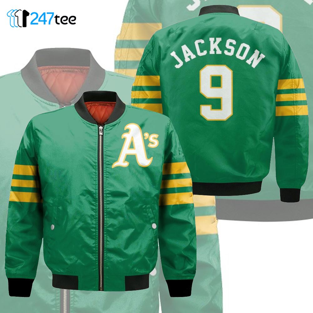 Oakland Athletics Reggie Jackson 9 2020 Mlb Green Jersey Inspired Style  Bomber Jacket