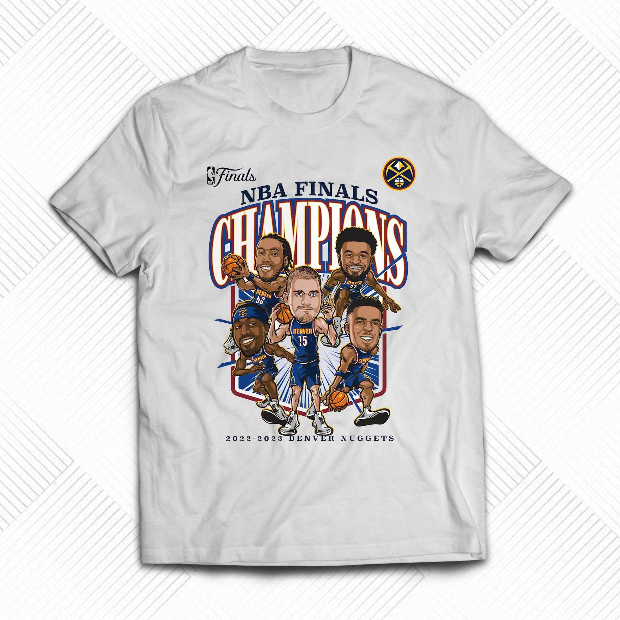 Men's Fanatics Branded White Denver Nuggets 2023 NBA Finals Champions Windmill Team Caricature T-Shirt Size: Medium